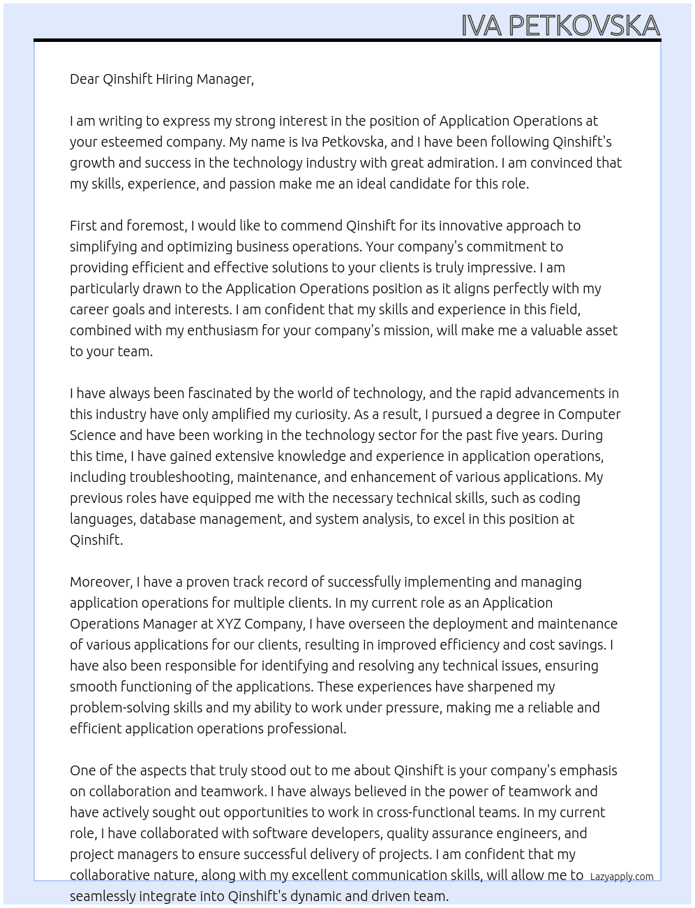 Application operations At Qinshift Cover Letter