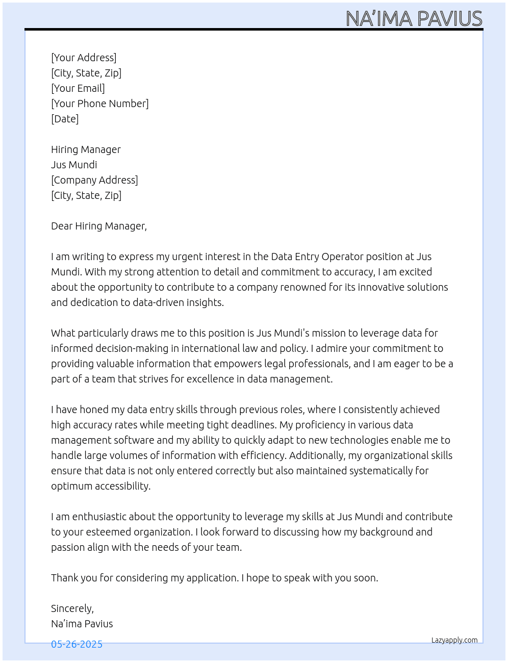 Data Entry Operator At Jus Mundi Cover Letter