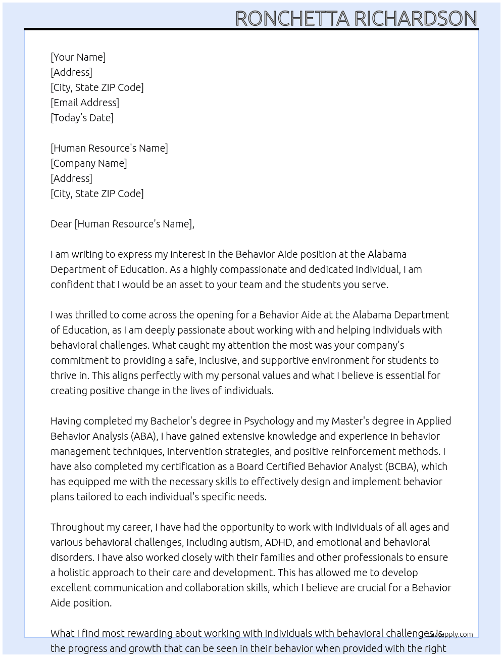 behavior aide At Alabama Department of Education Cover Letter