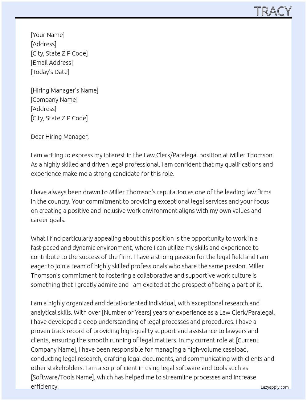 Law Clerk/Paralegal At Miller Thomson Cover Letter