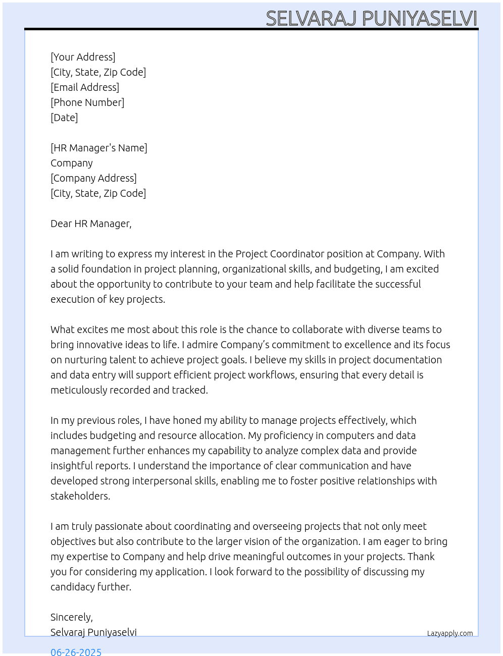 Project Coordinator At Company Cover Letter