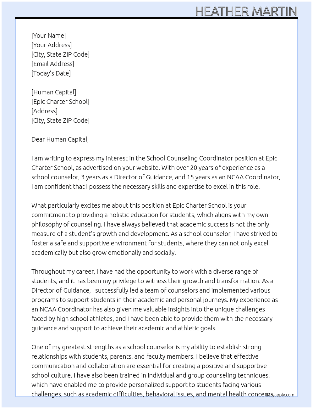 School Counseling Coordinator At Epic Charter School Cover Letter