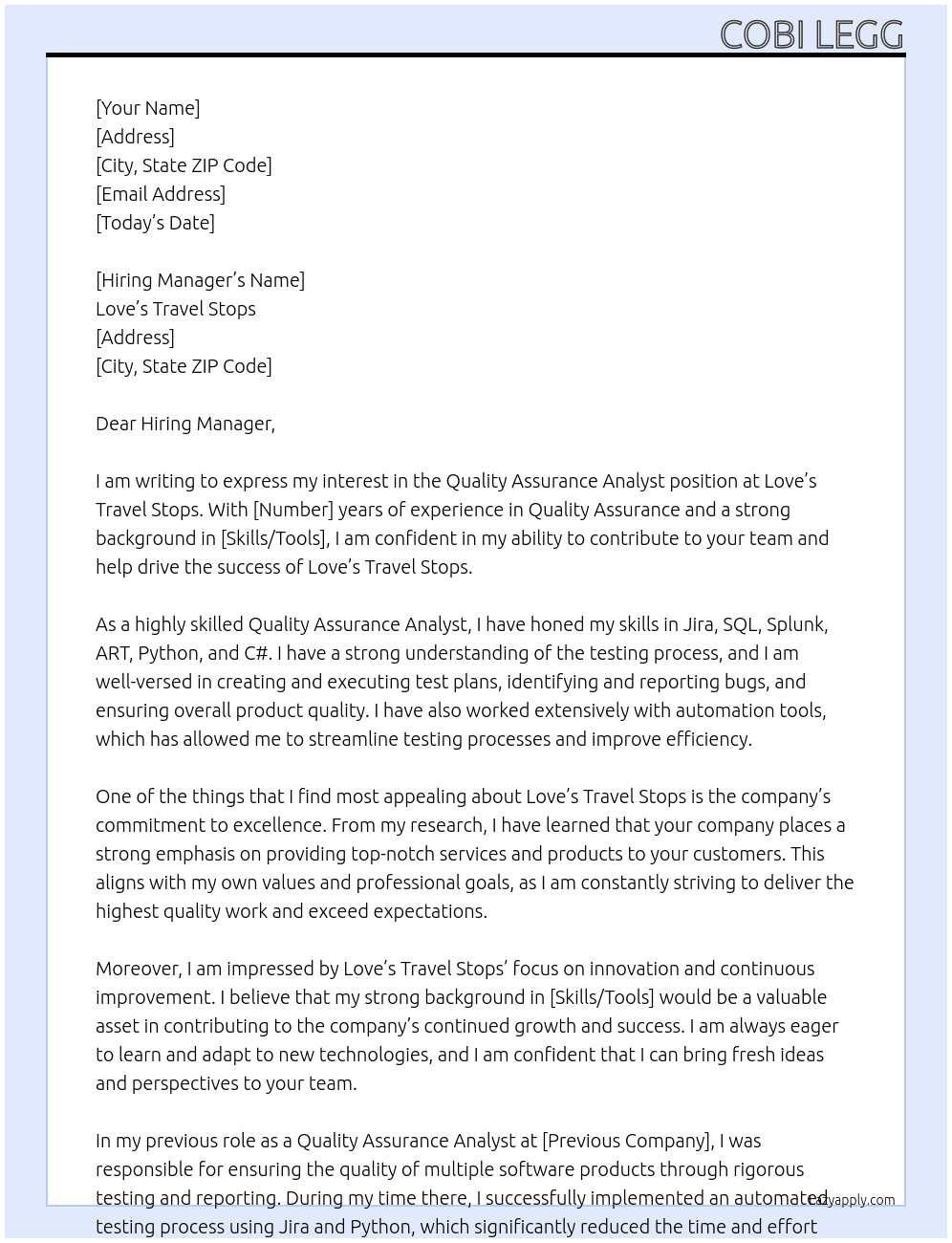 Quality Assurance Analyst At Love's Travel Stops Cover Letter