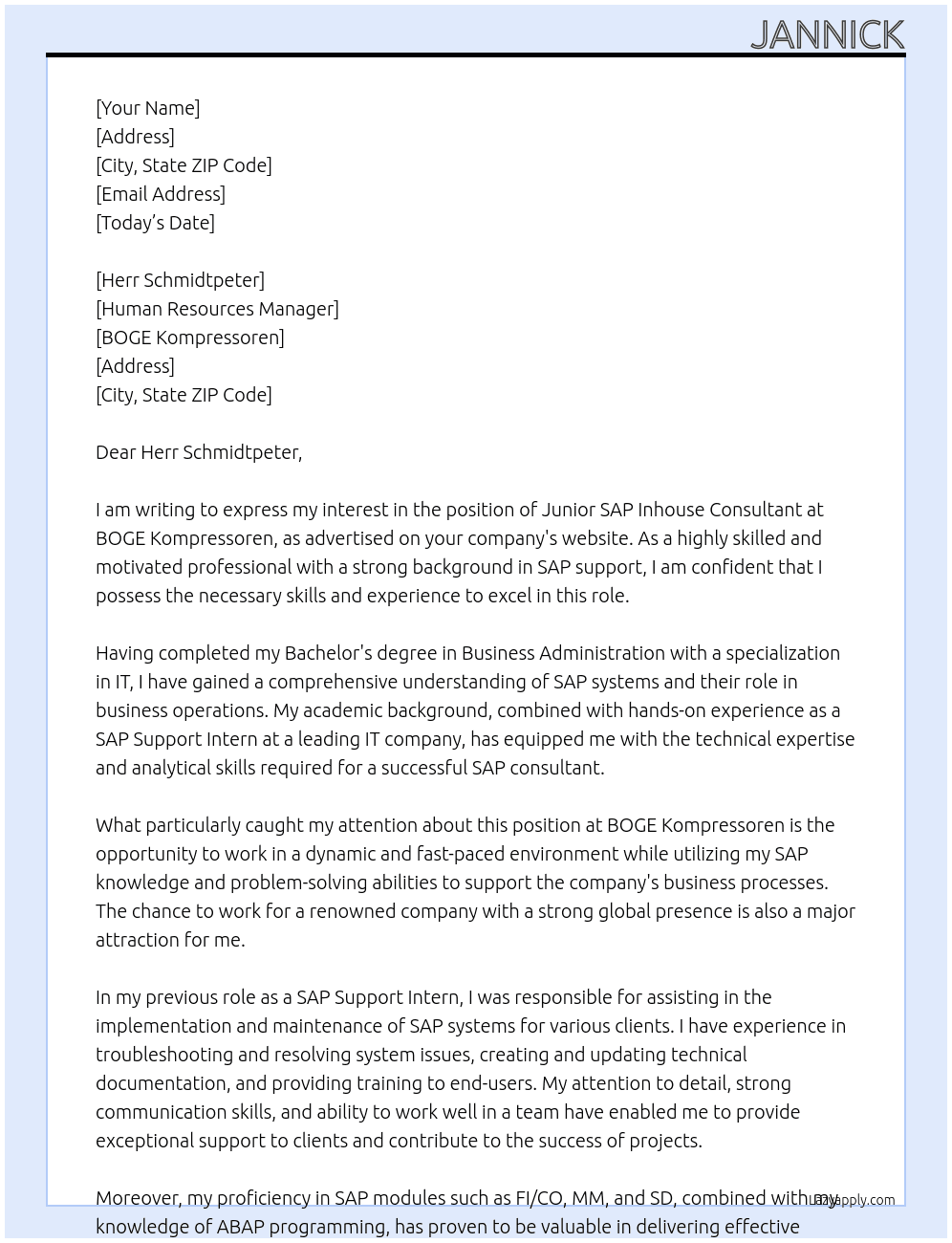 Junior SAP Inhouse Consultant im Bereich SAP Support At BOGE Kompressoren Cover Letter