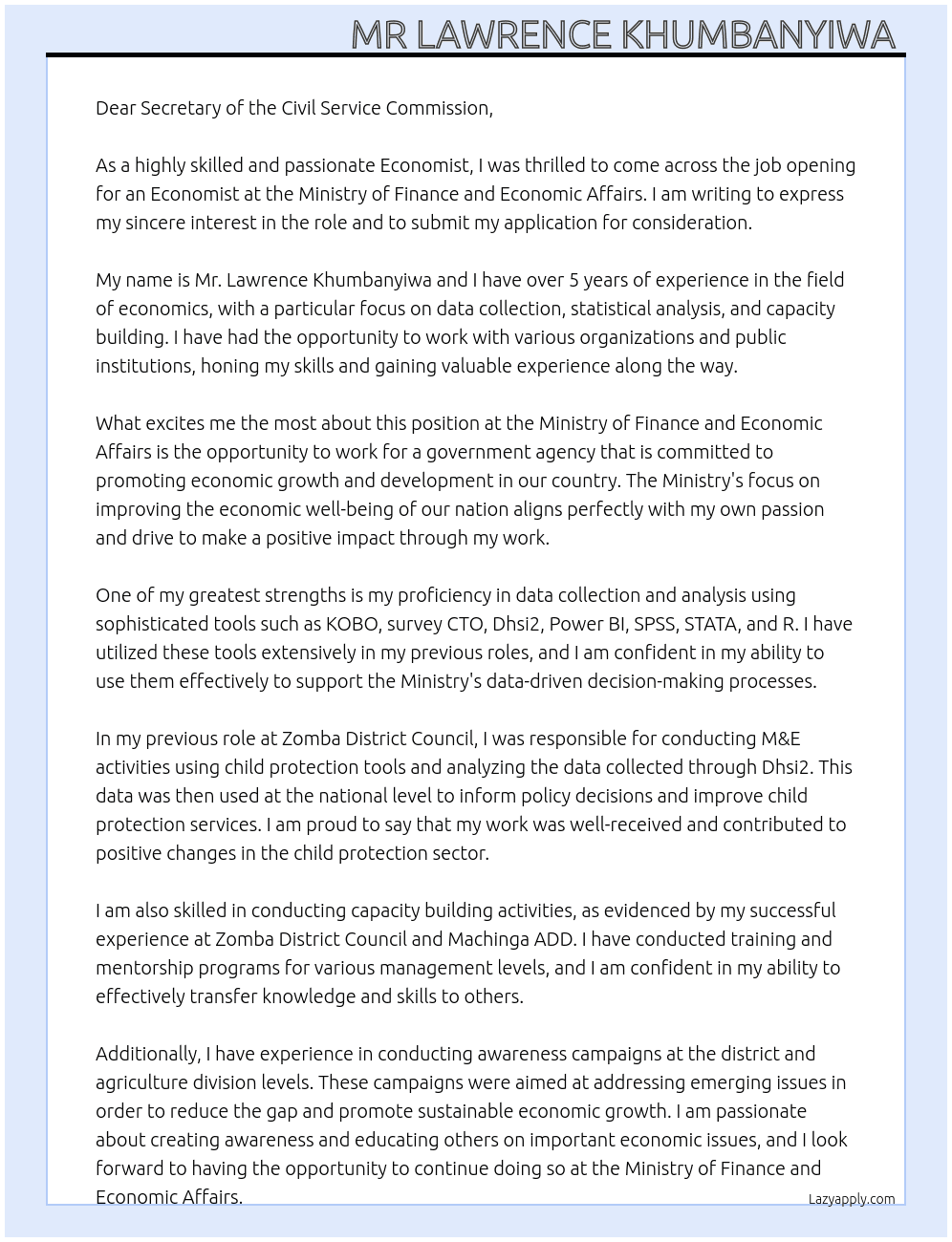 ECONOMIST At Ministry of finance and economic affairs  Cover Letter