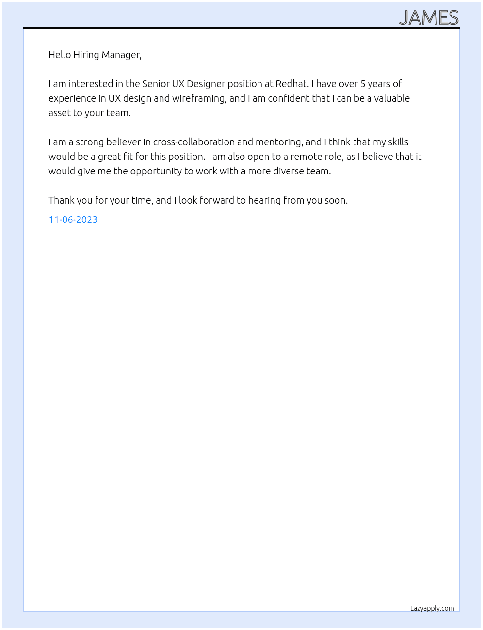 Senior UX Designer At Redhat Cover Letter