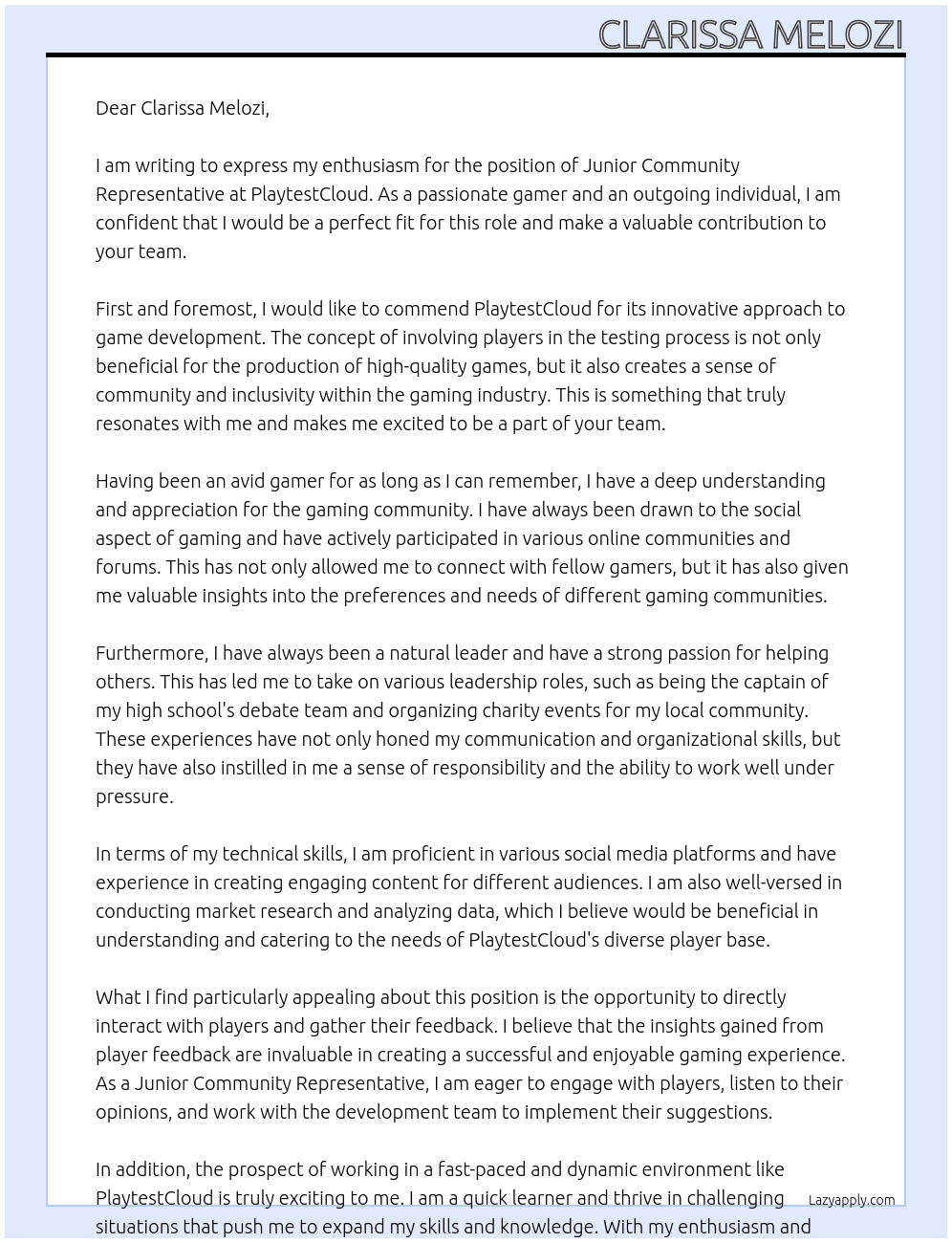 Junior Community Representative  At PlaytestCloud Cover Letter