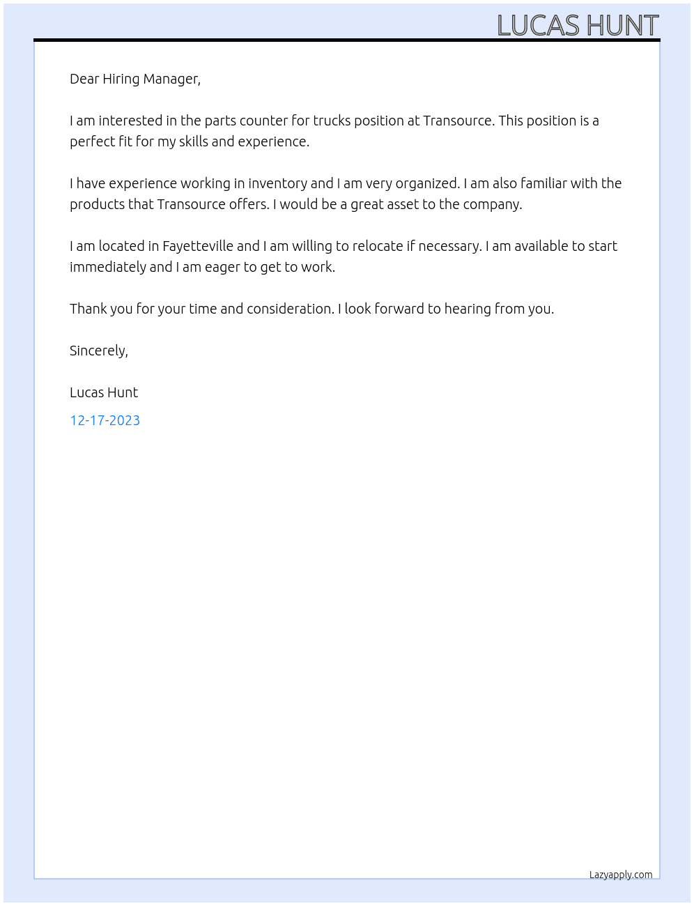 Parts counter for trucks At Transource Cover Letter