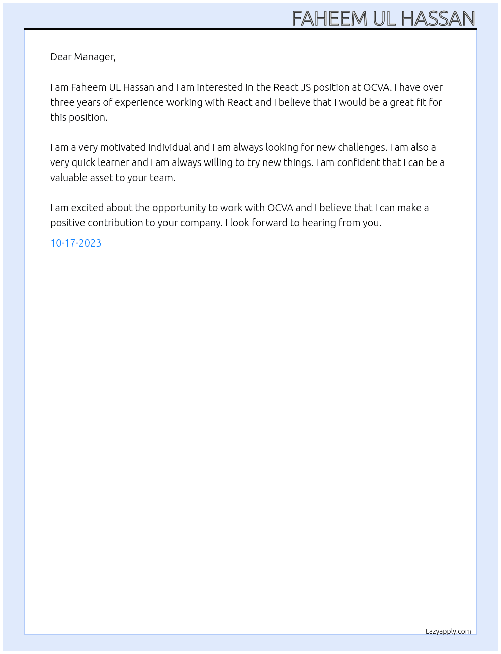 React JS At OCVA Cover Letter