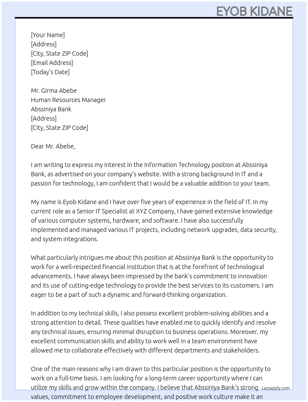 Information technology  At Abssiniya bank Cover Letter