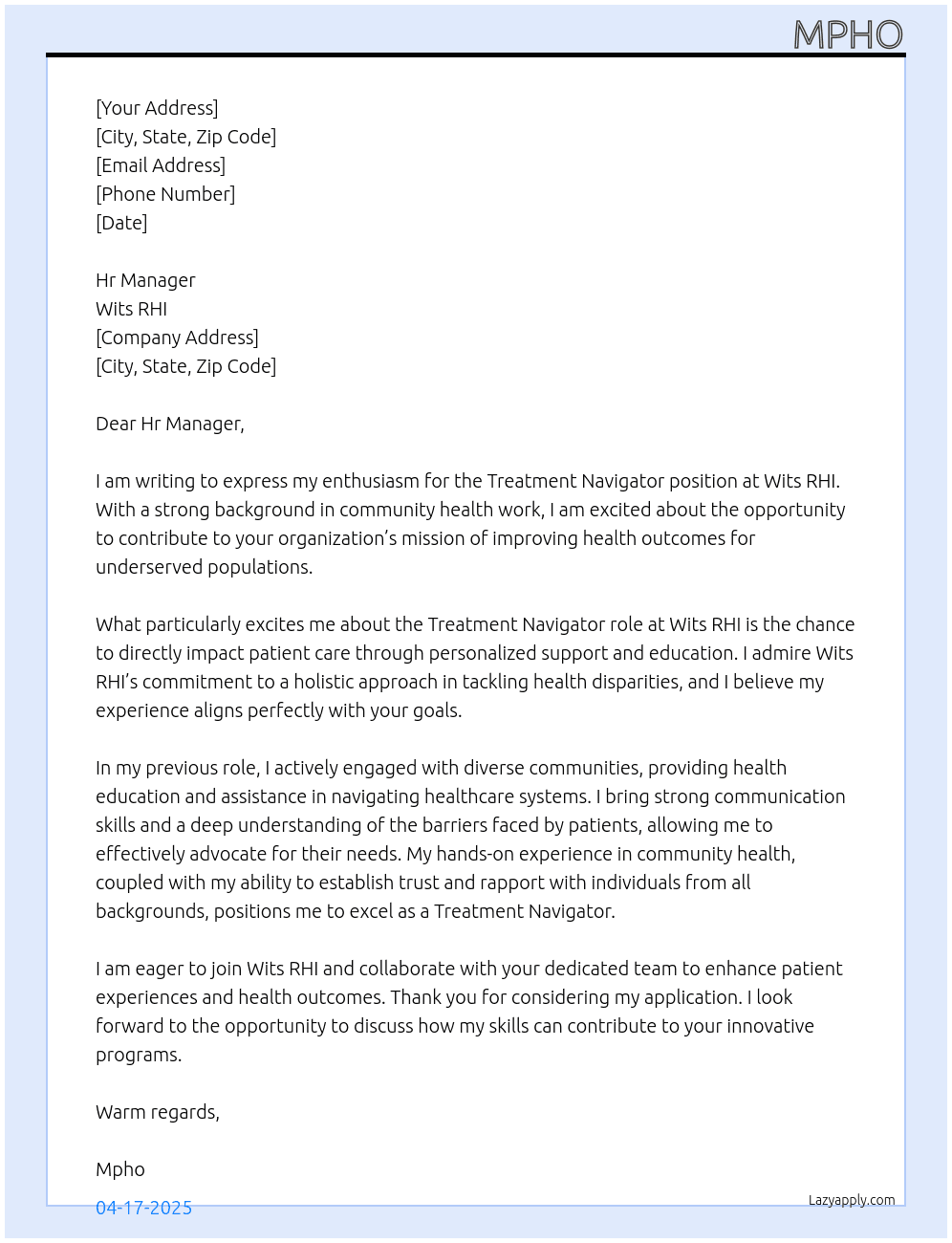 Treatment Navigator  At Wits RHI  Cover Letter