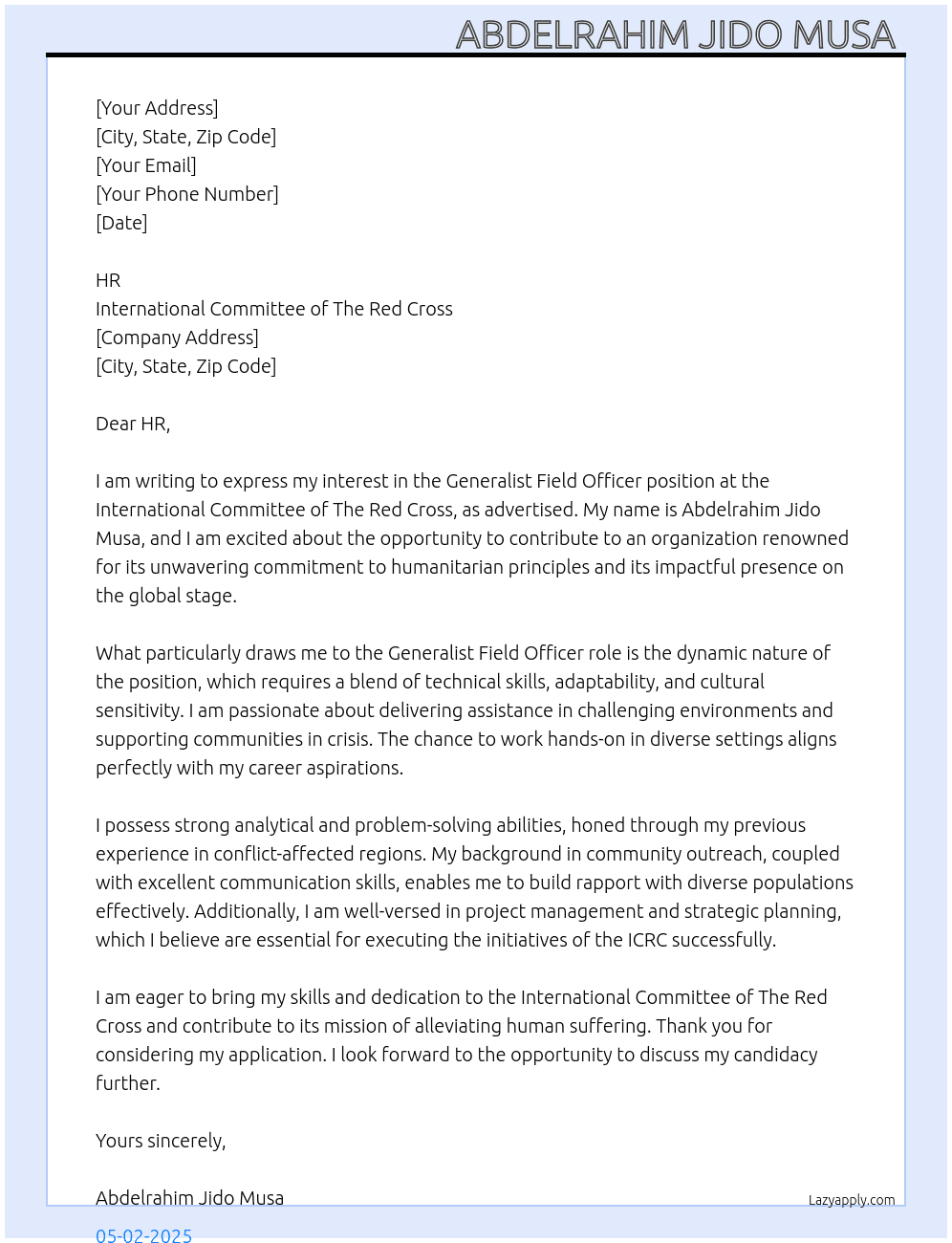 Generalist Field officer  At International Committee of The Red Cross  Cover Letter