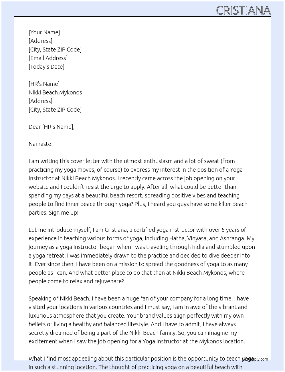 Yoga Instructor At Nikki Beach Mykonos  Cover Letter