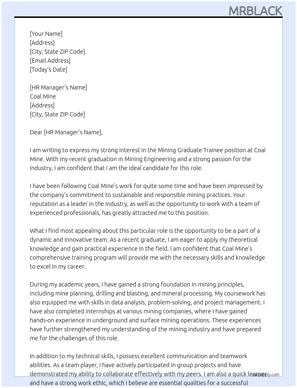 MINING GRADUATE TRAINEE At Coal mine Cover Letter