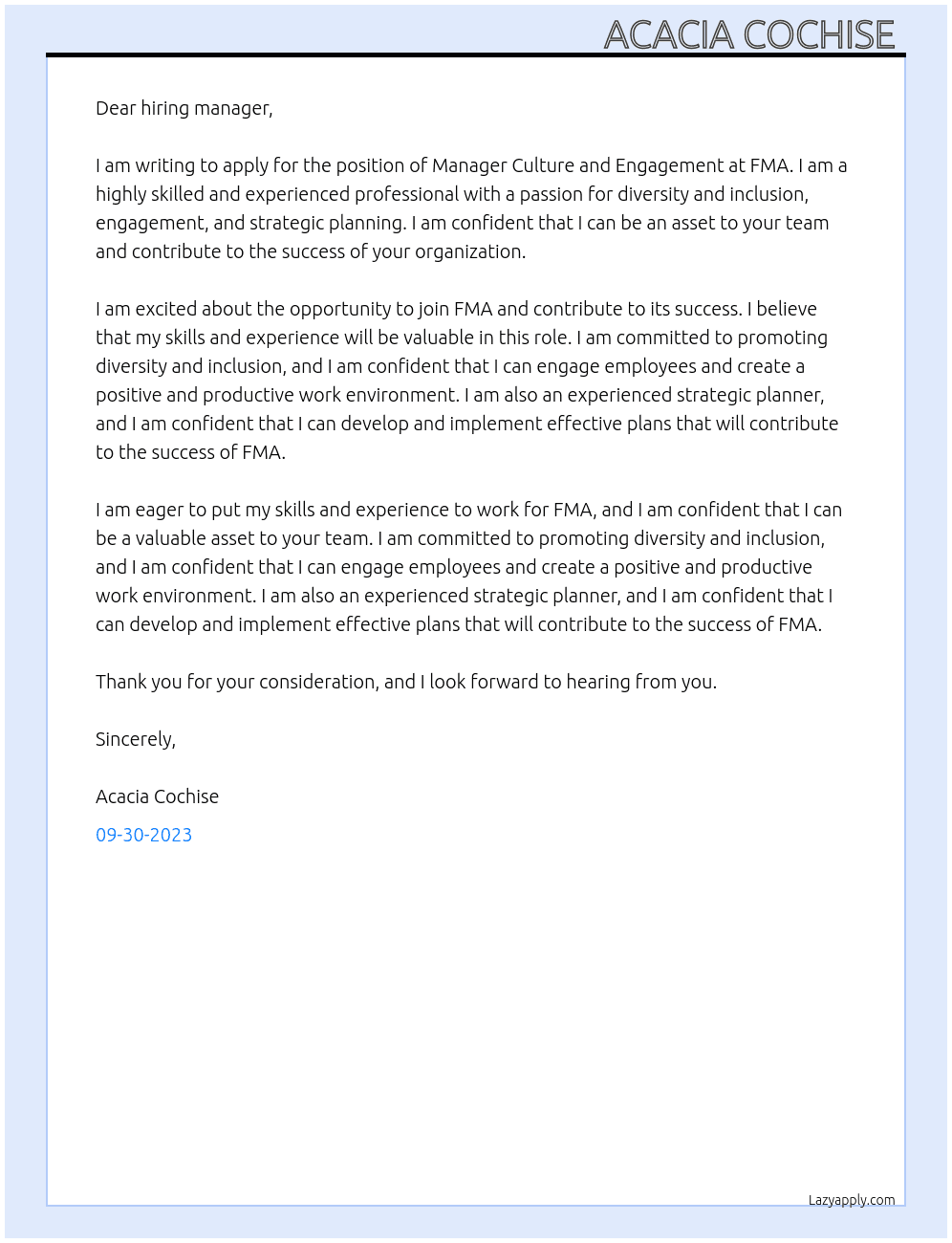 Manager Culture and Engagement  At FMA Cover Letter