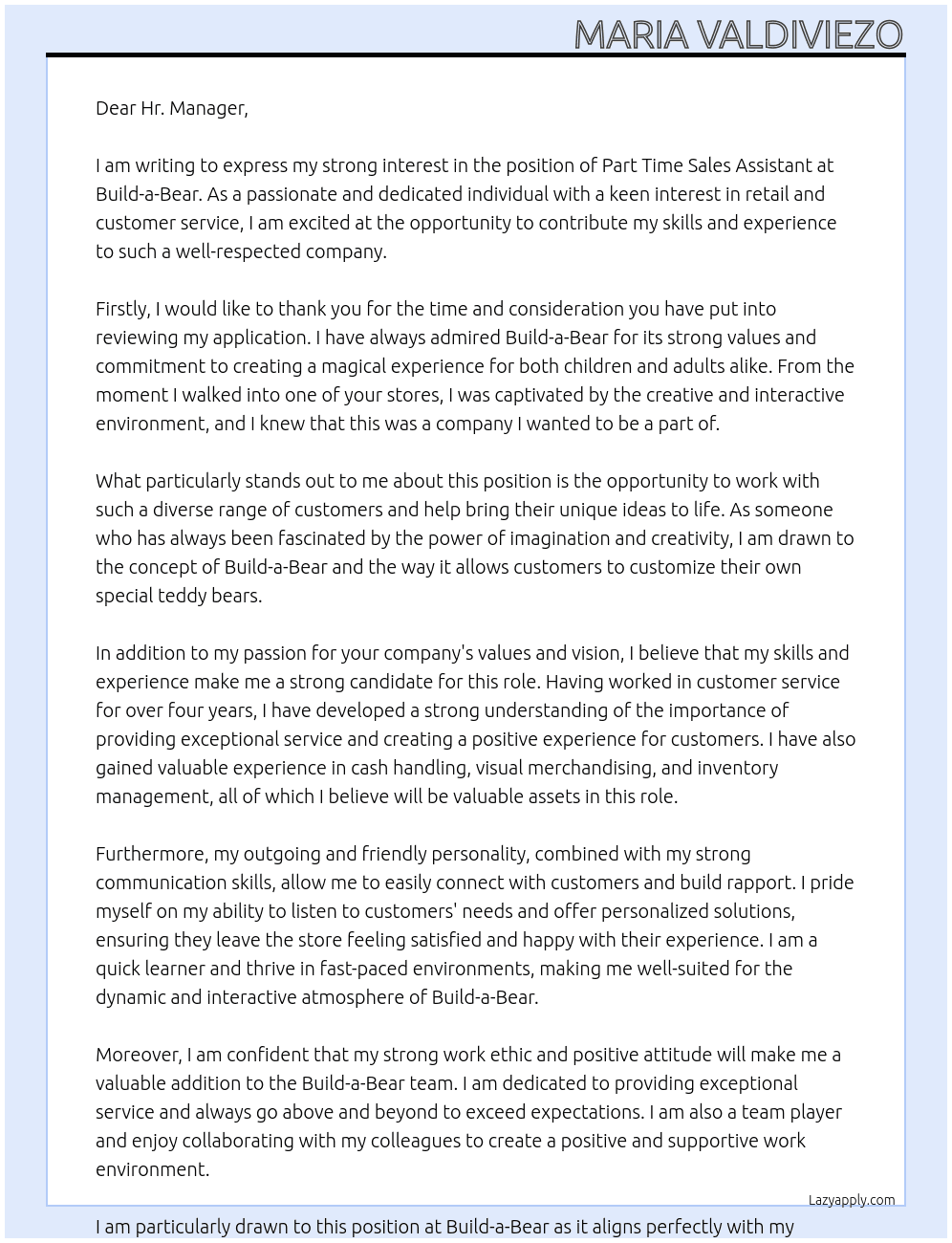 Part Time Sales Assistant At Build-a-Bear Cover Letter