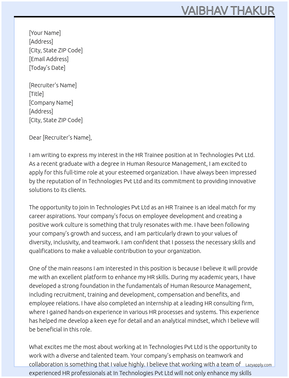 HR Trainee At In Technologies Pvt ltd Cover Letter
