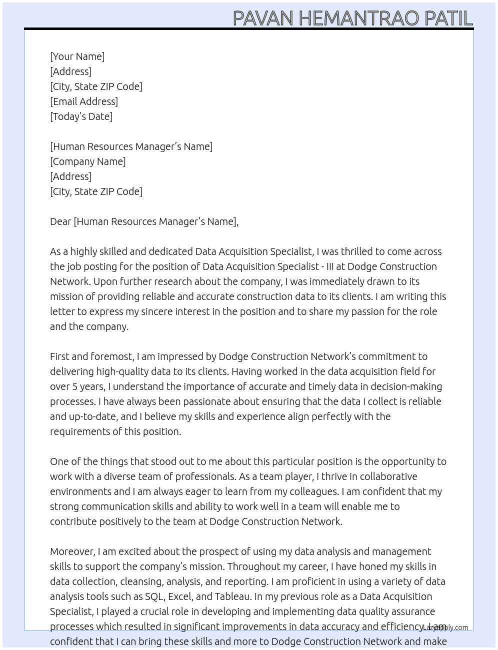 Data Acquisition Specialist - III At Dodge Construction Network Cover Letter
