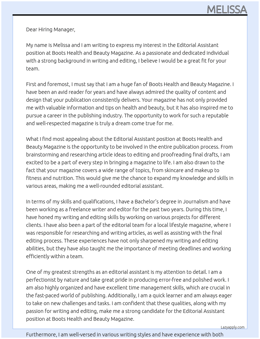 Editorial Assistant  At Boots Health and Beauty Magazine Cover Letter