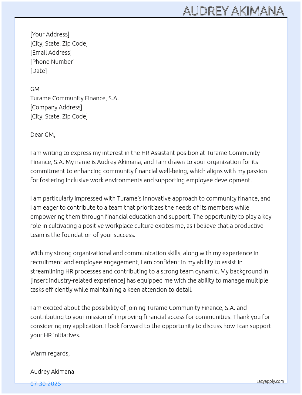 HR Assistant  At Turame Community Finance, S. A. Cover Letter