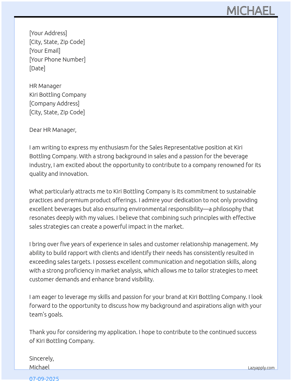 Sales representative  At Kiri Bottling Company  Cover Letter