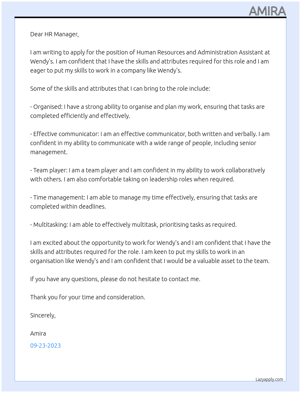 Human Resources and Administration Assistant At Wendy's Cover Letter