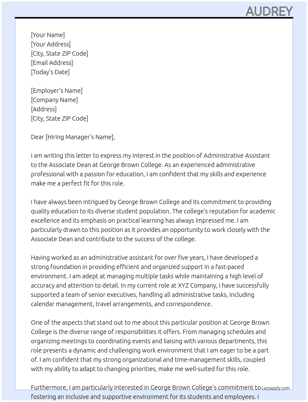 Administrative Assistant to Associate Dean At George Brown College  Cover Letter