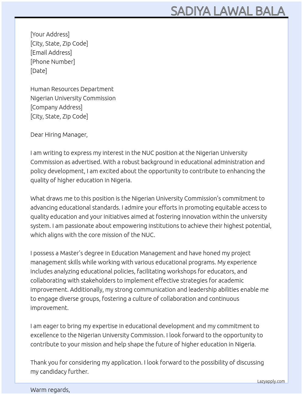 Cover letter for nuc - LazyApply