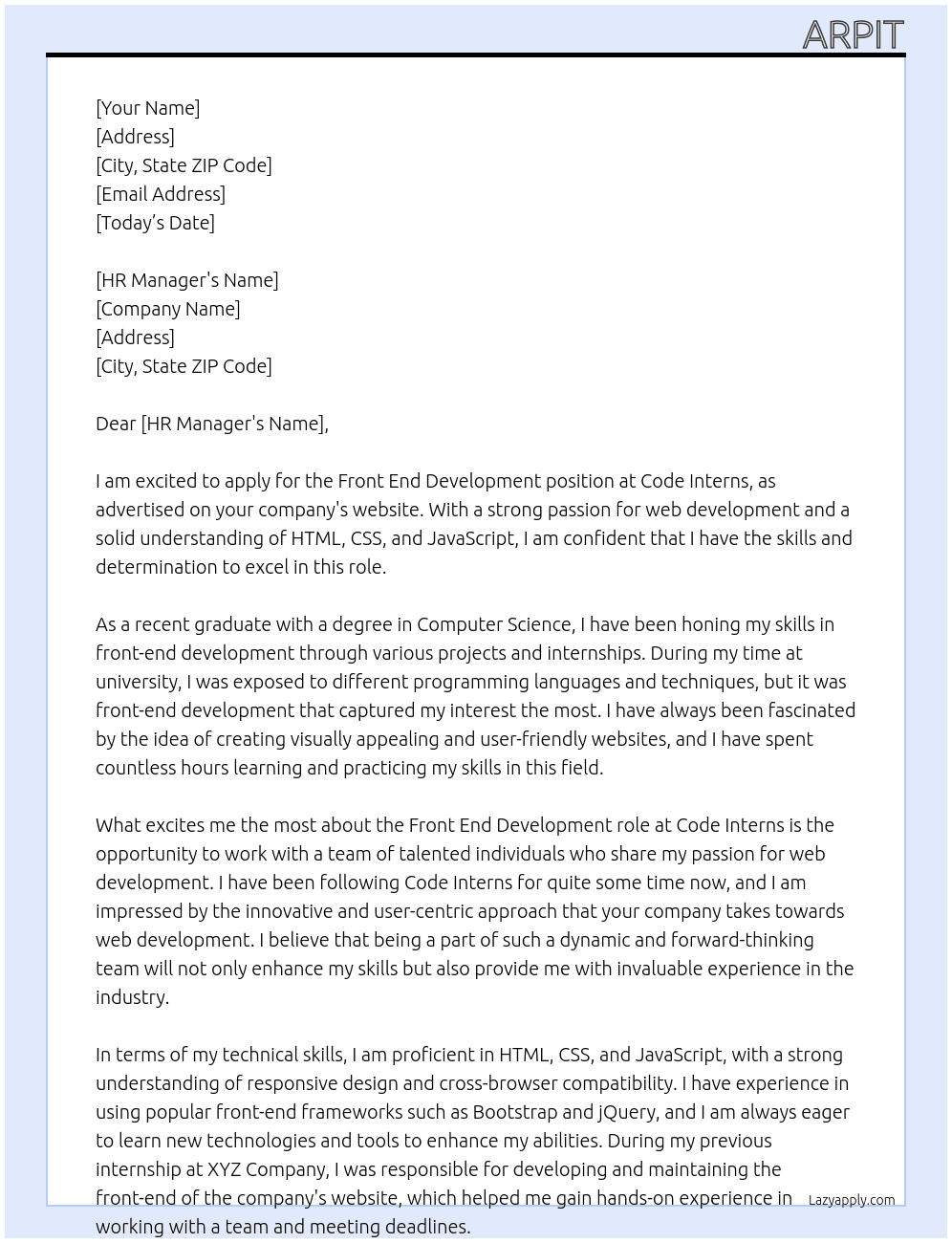 Front End Development  At Code Interns Cover Letter