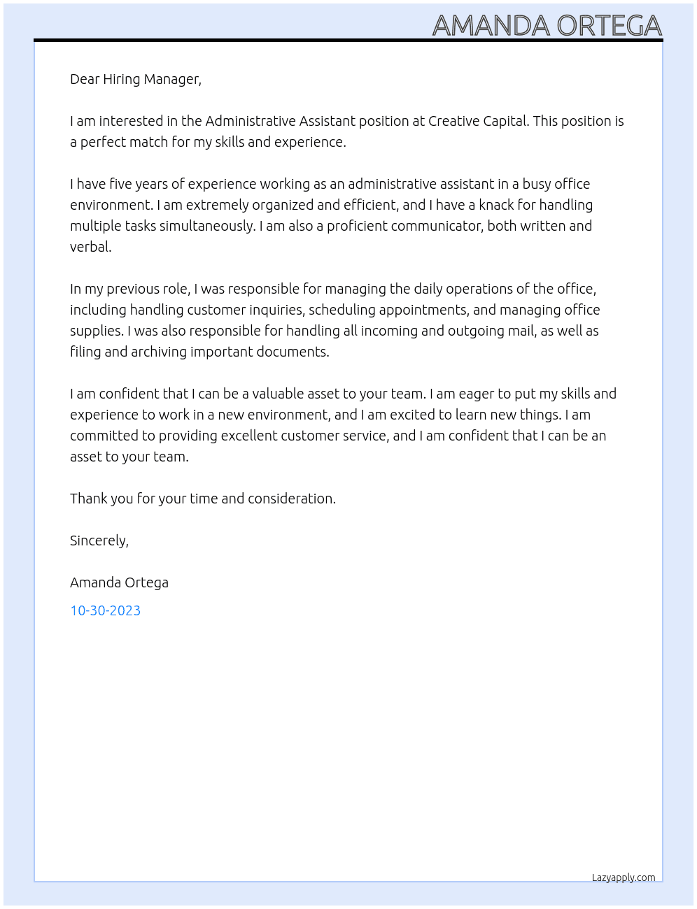 Administrative Assistant At Creative Capital Cover Letter