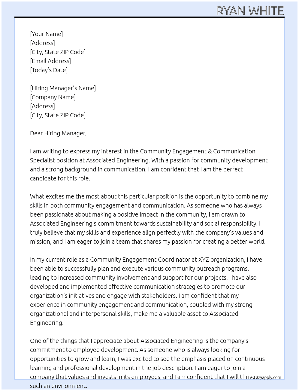 Community Engagement & Communication Specialist At Associated Engineering Cover Letter