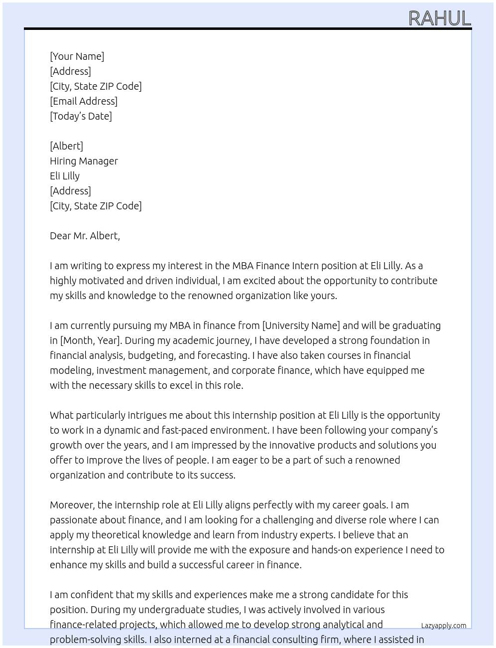 MBA finance intern At Eli lilly Cover Letter
