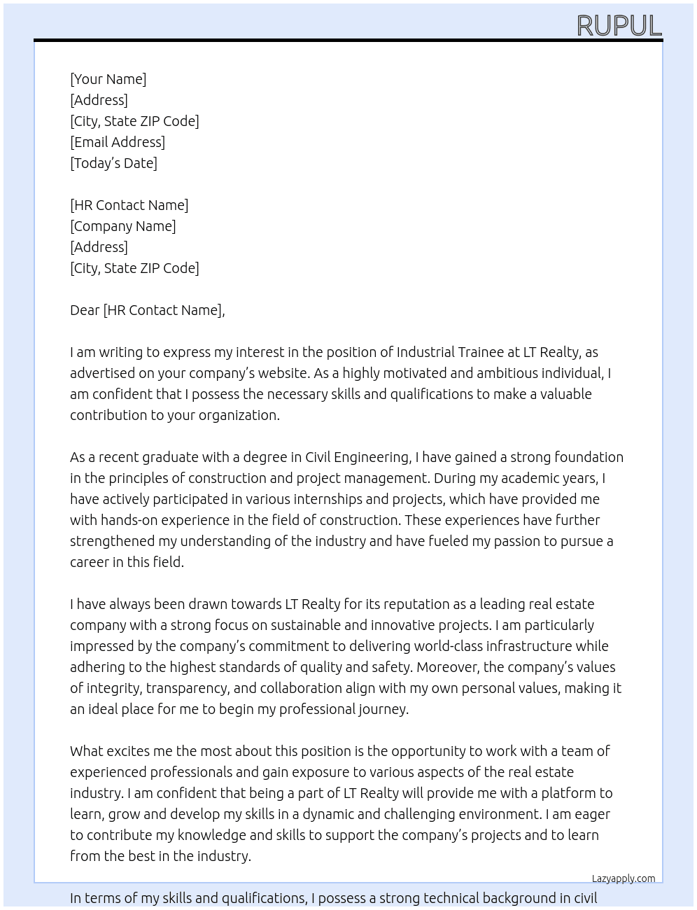 Industrial Trainee At LT Realty Cover Letter