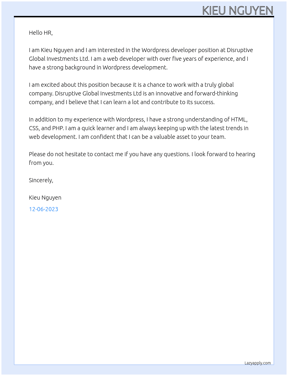 Wordpress developer At DISRUPTIVE GLOBAL INVESTMENTS LTD Cover Letter