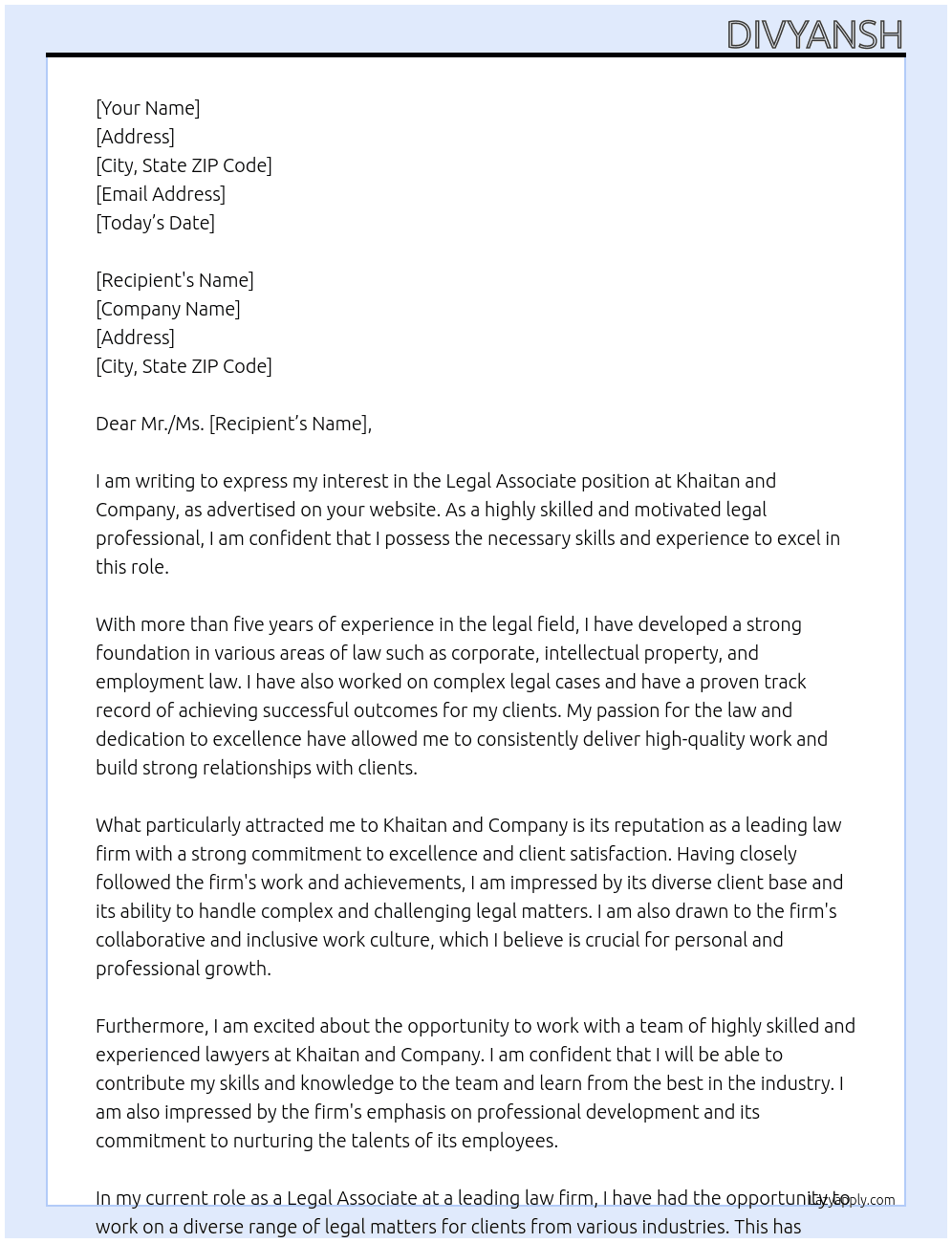 Legal Associate At Khaitan and Company Cover Letter