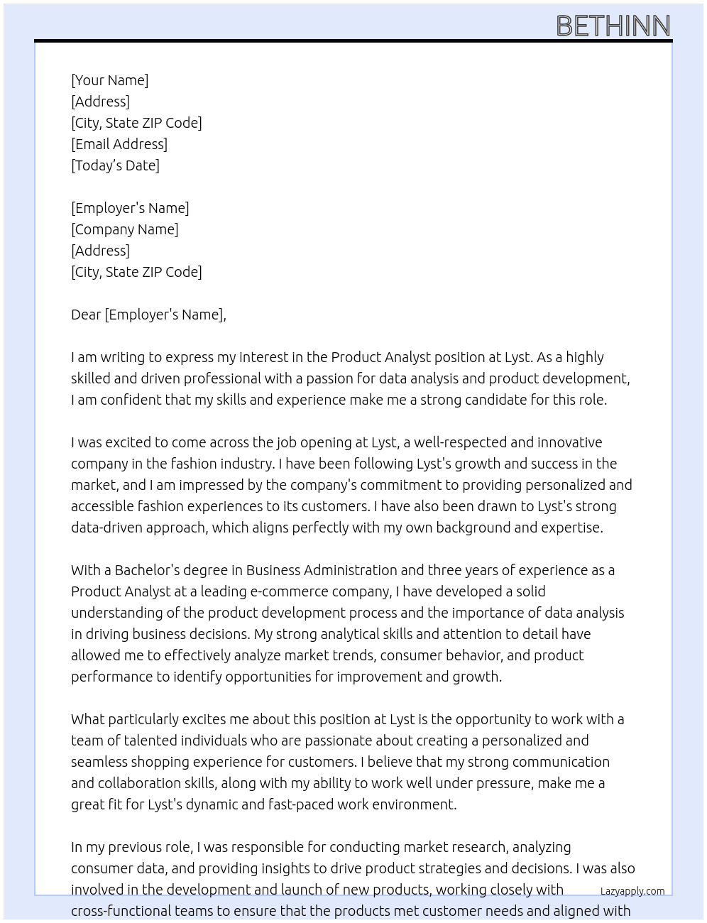 Product analyst At Lyst Cover Letter