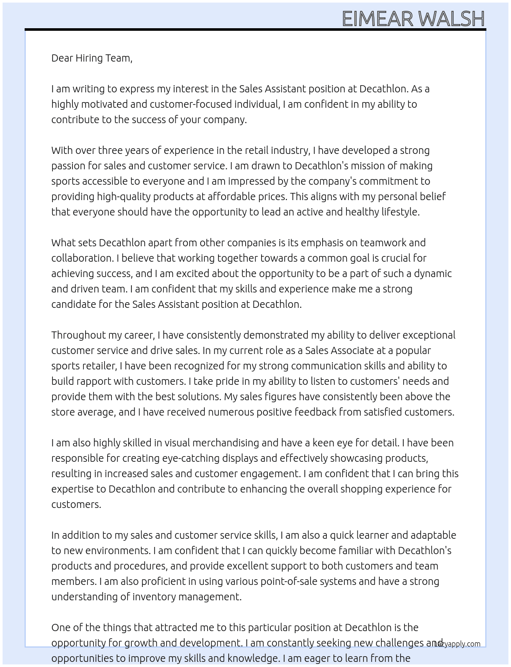 sales assistant At Decatalon Cover Letter
