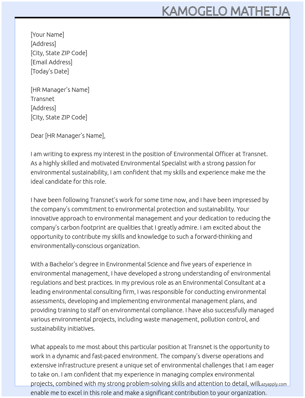 Environmental officer At Transnet Cover Letter