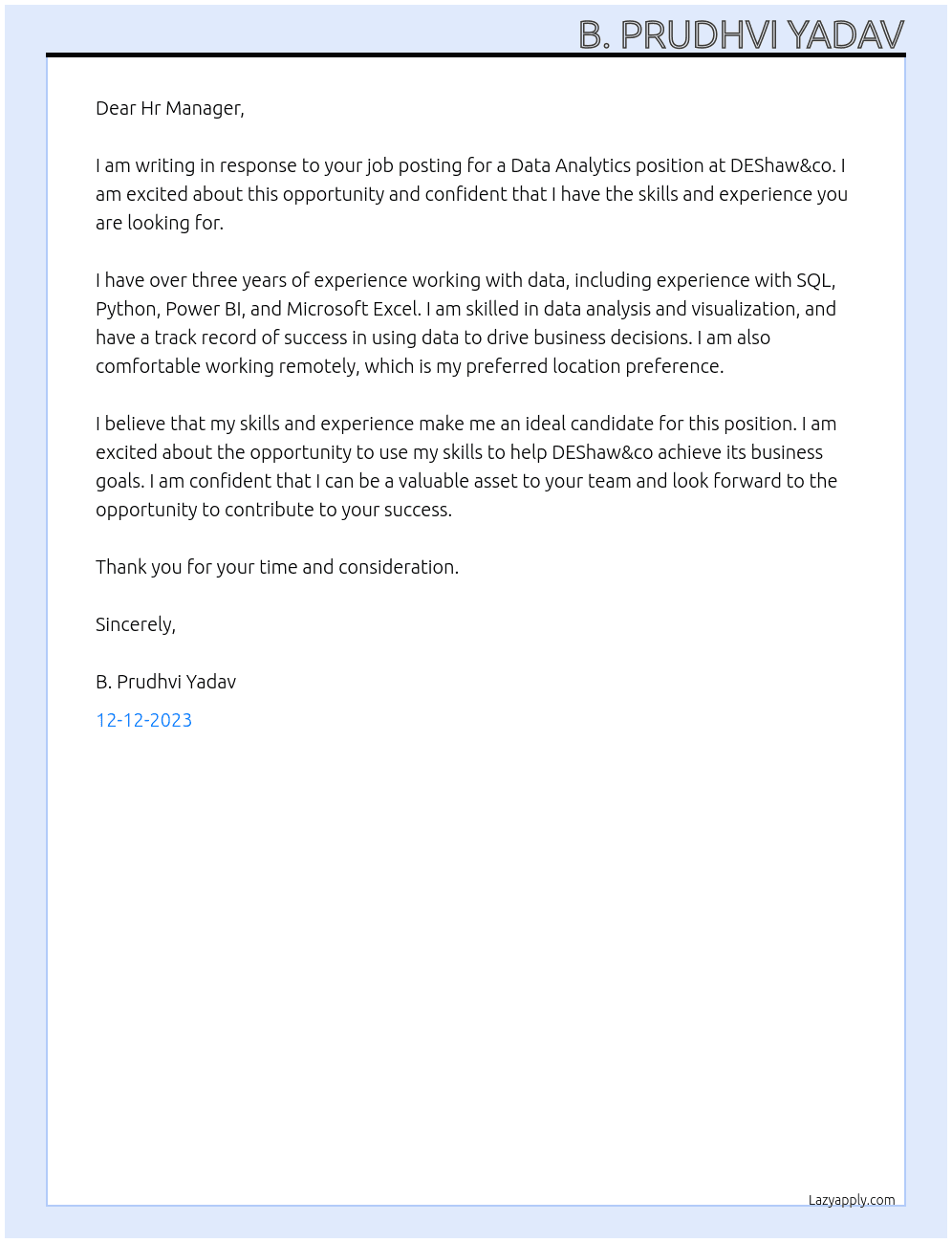 Data Analytics At DEShaw&co Cover Letter