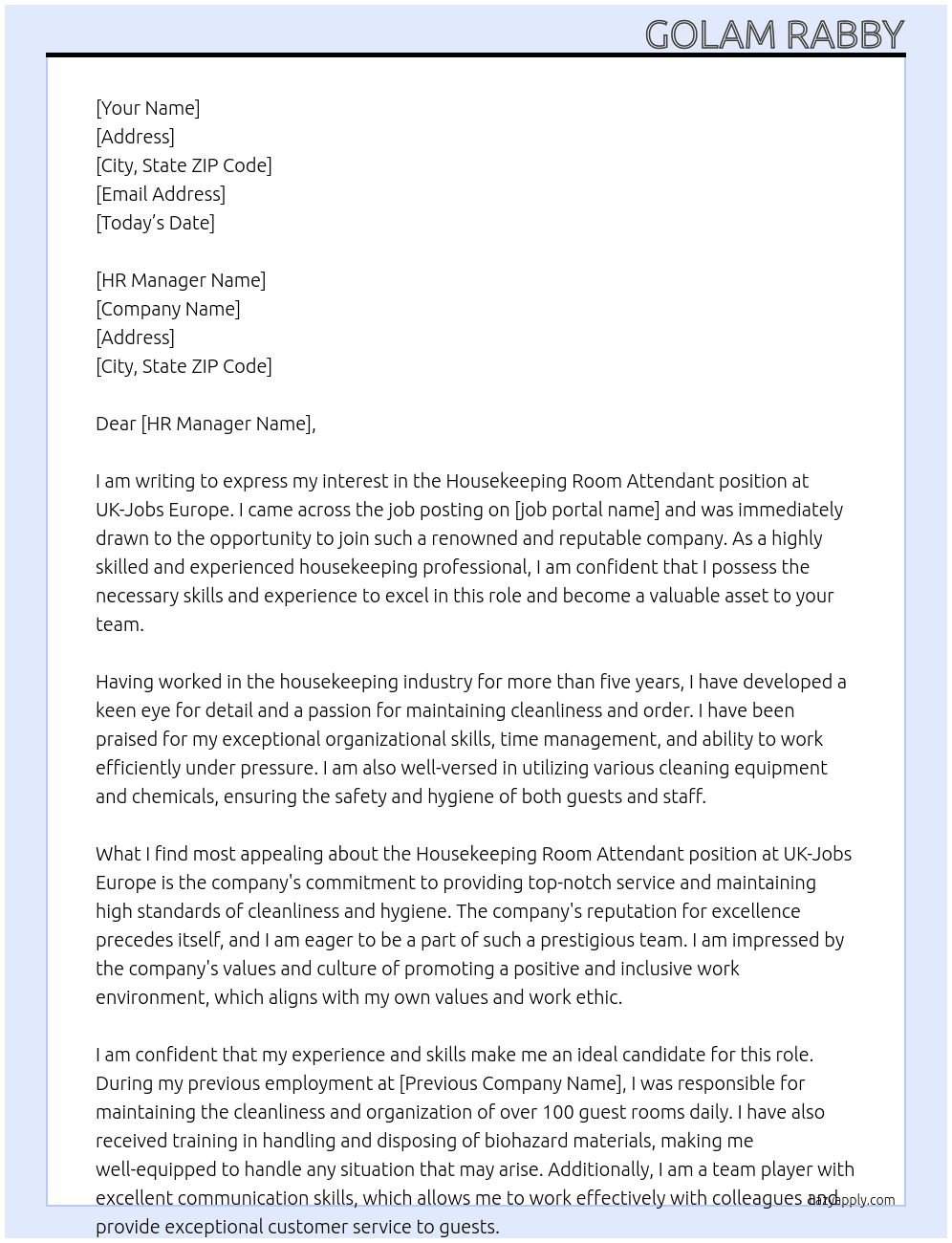 Housekeeping Room Attendant At UK -Jobs Europe Cover Letter