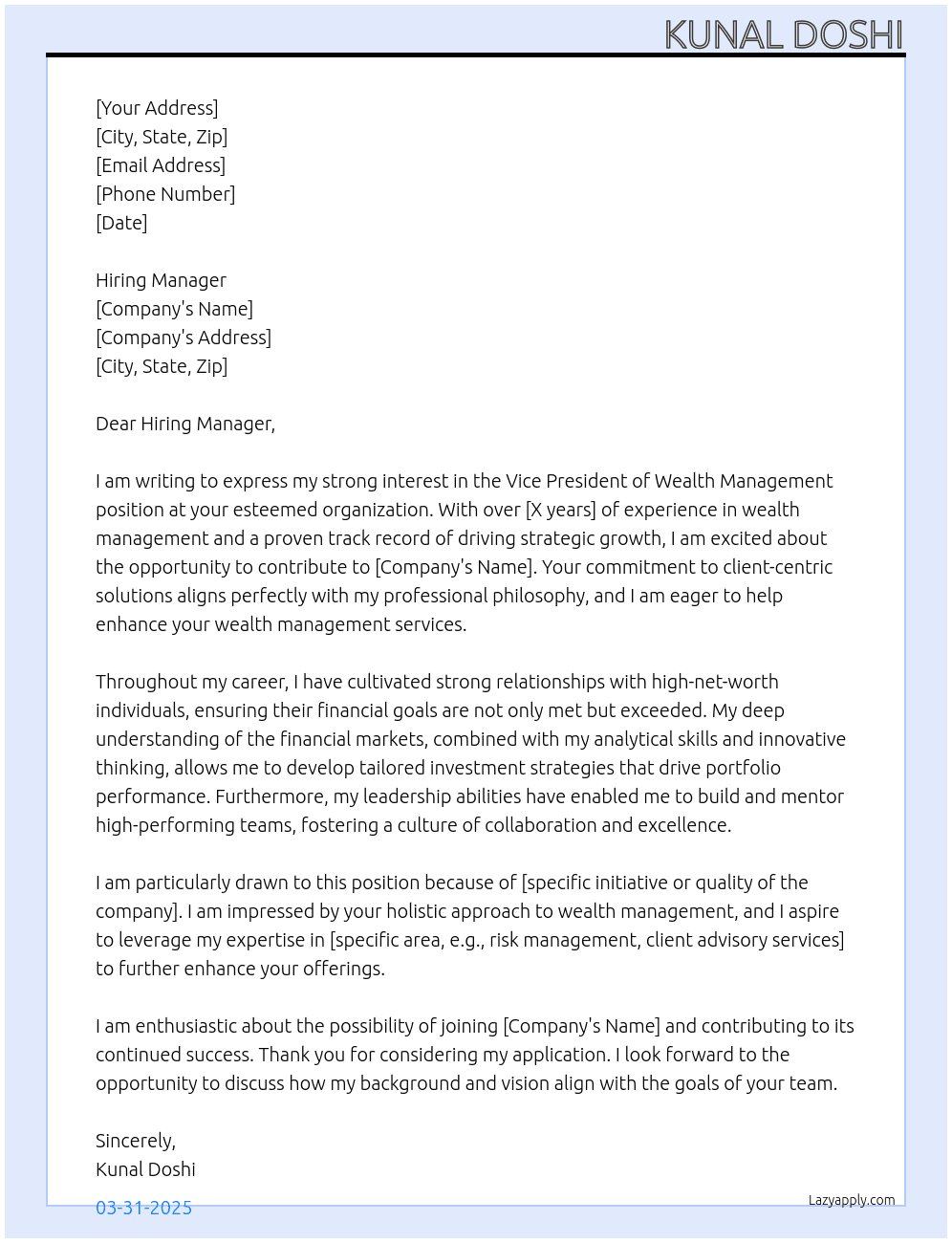 Cover letter for vice president wealth management - LazyApply