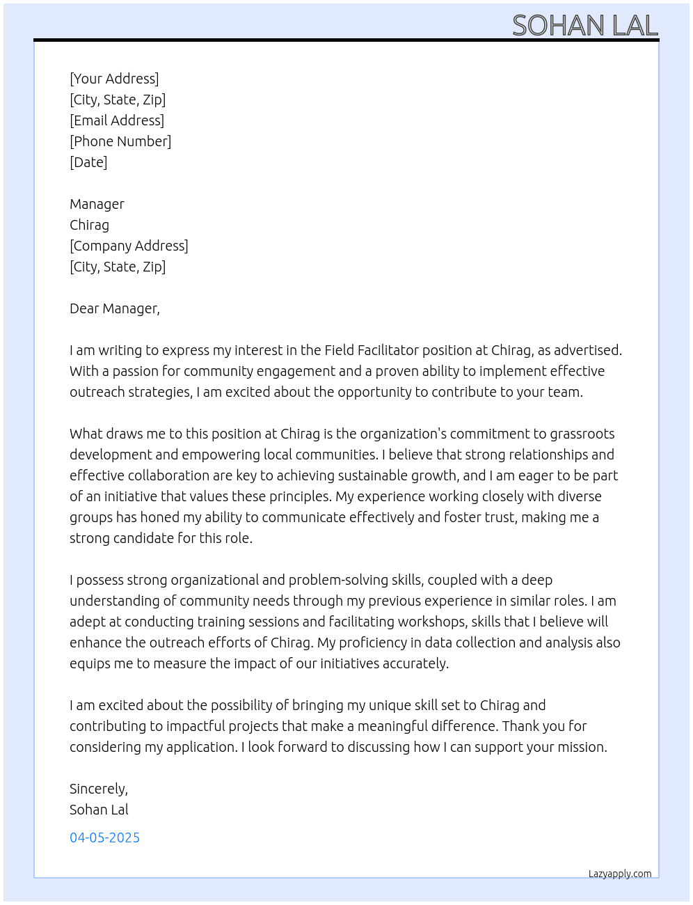 Field Facilitator  At Chirag Cover Letter