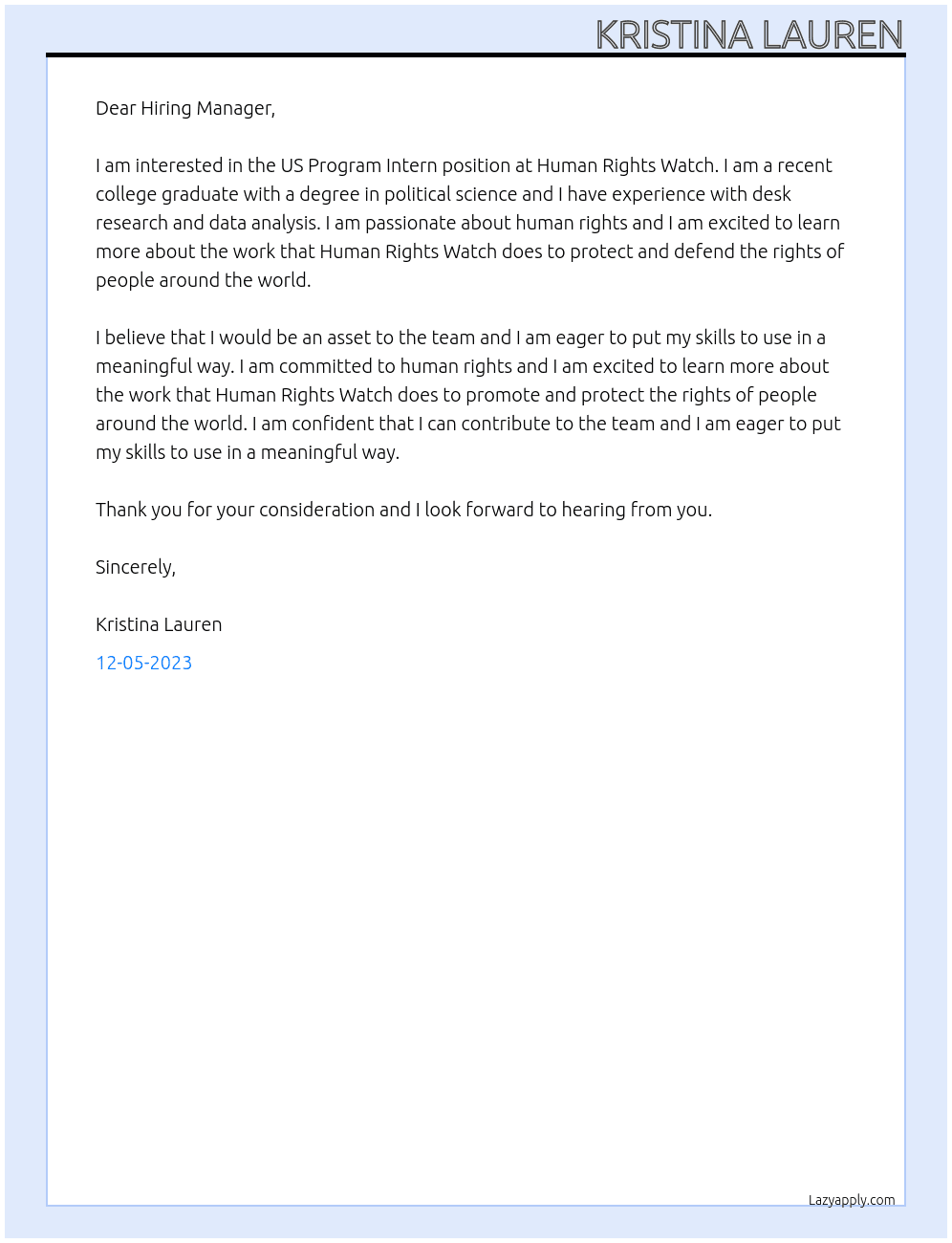 US Program Intern At Human Rights Watch Cover Letter