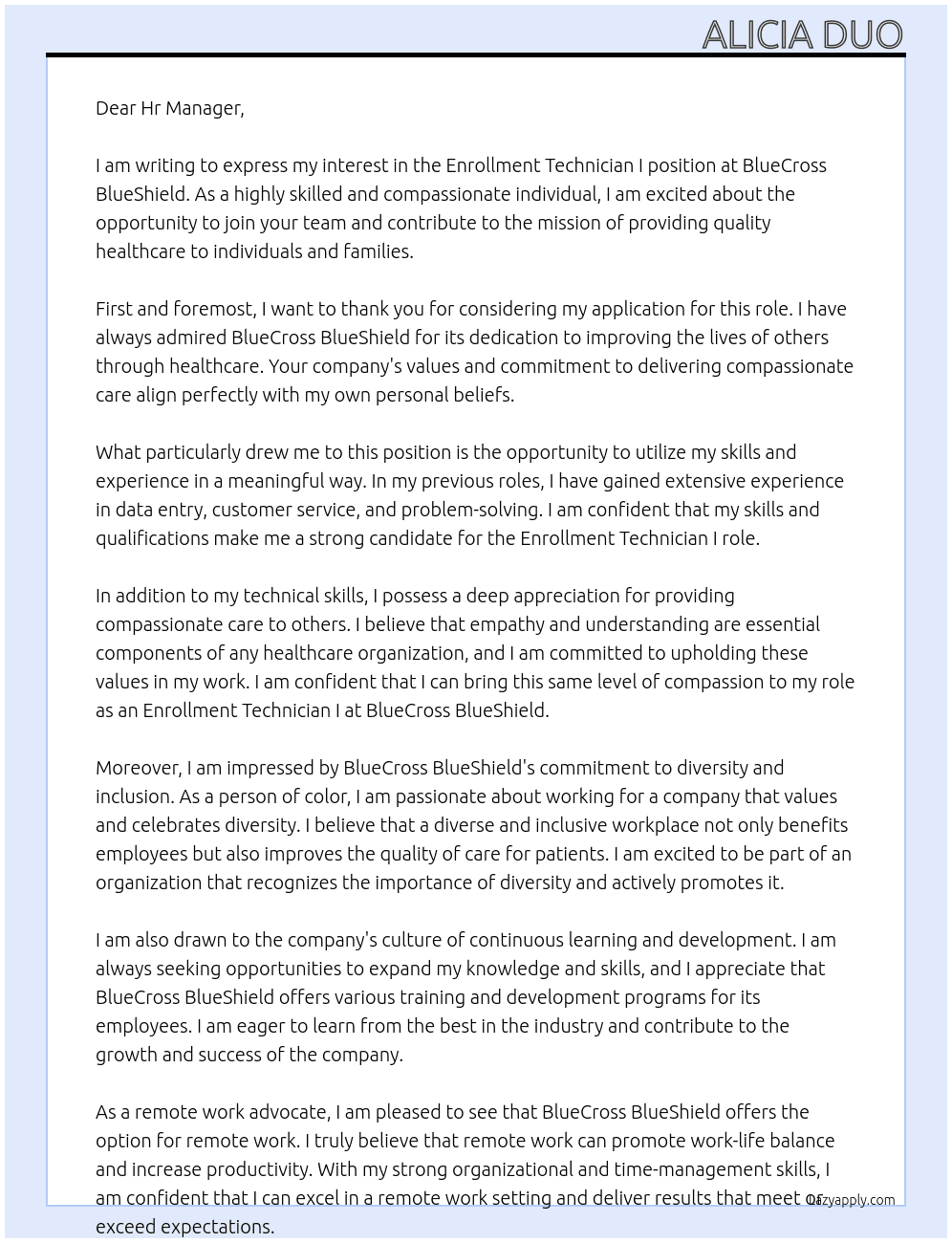 Enrollment Technician I At  BlueCross BlueShield Cover Letter