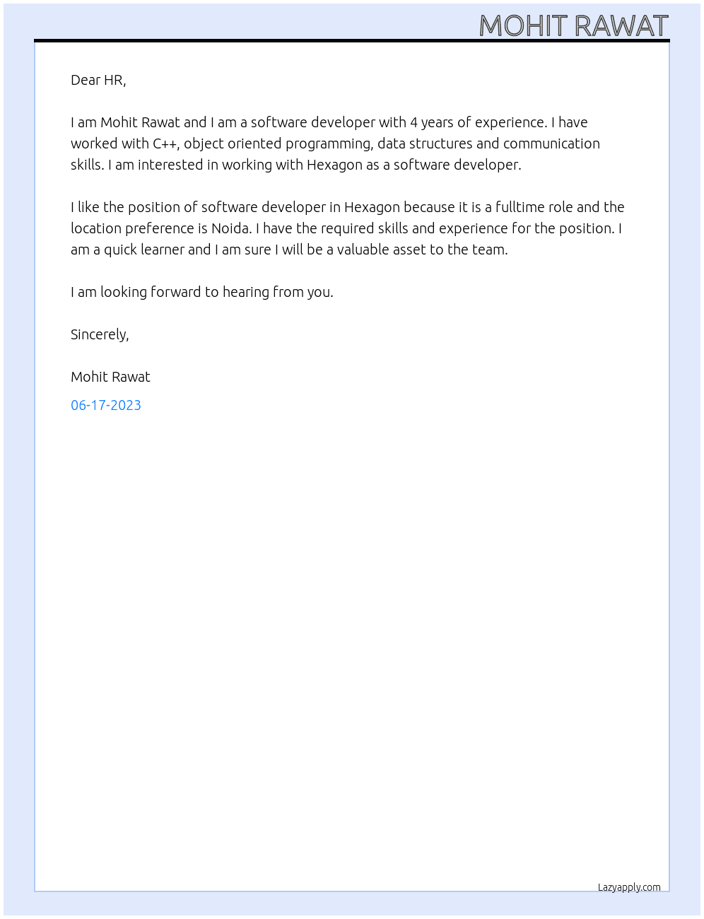 Software  developer At Hexagon Cover Letter