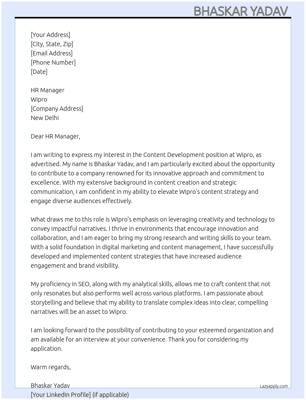 Cover letter for content development - LazyApply