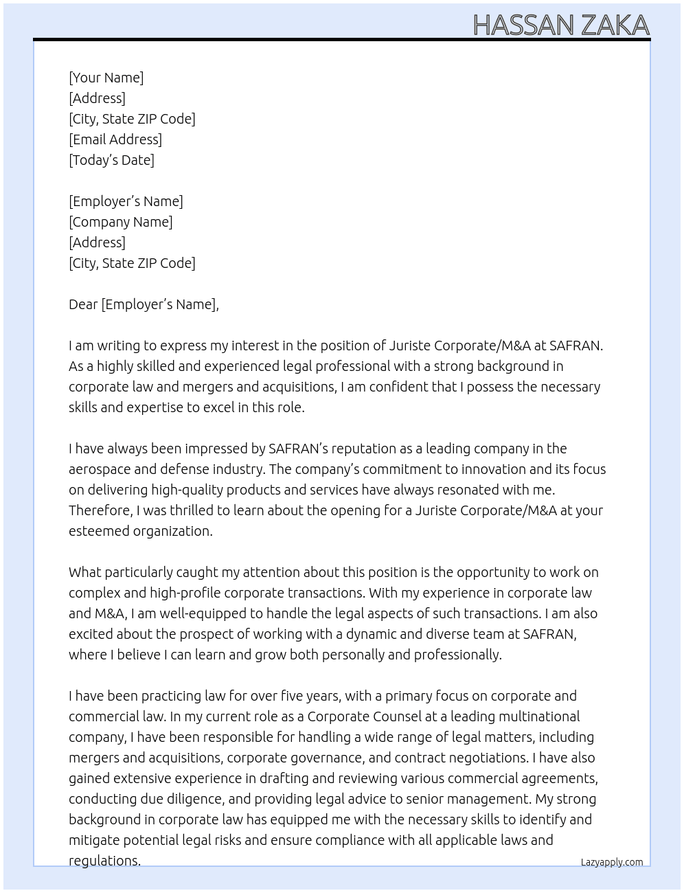 juriste corporate/M&A At SAFRAN Cover Letter