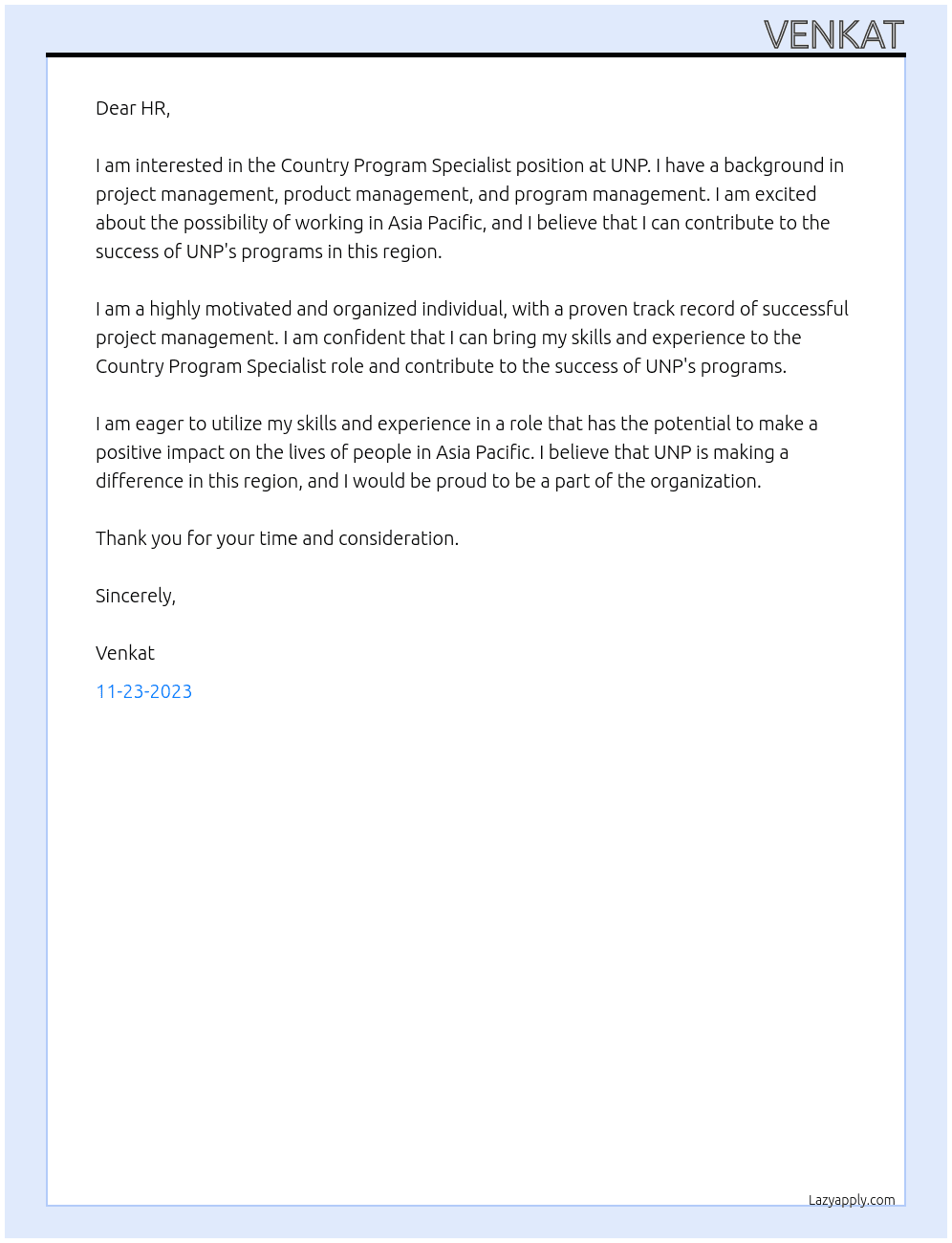 Country program specialist At UNP Cover Letter