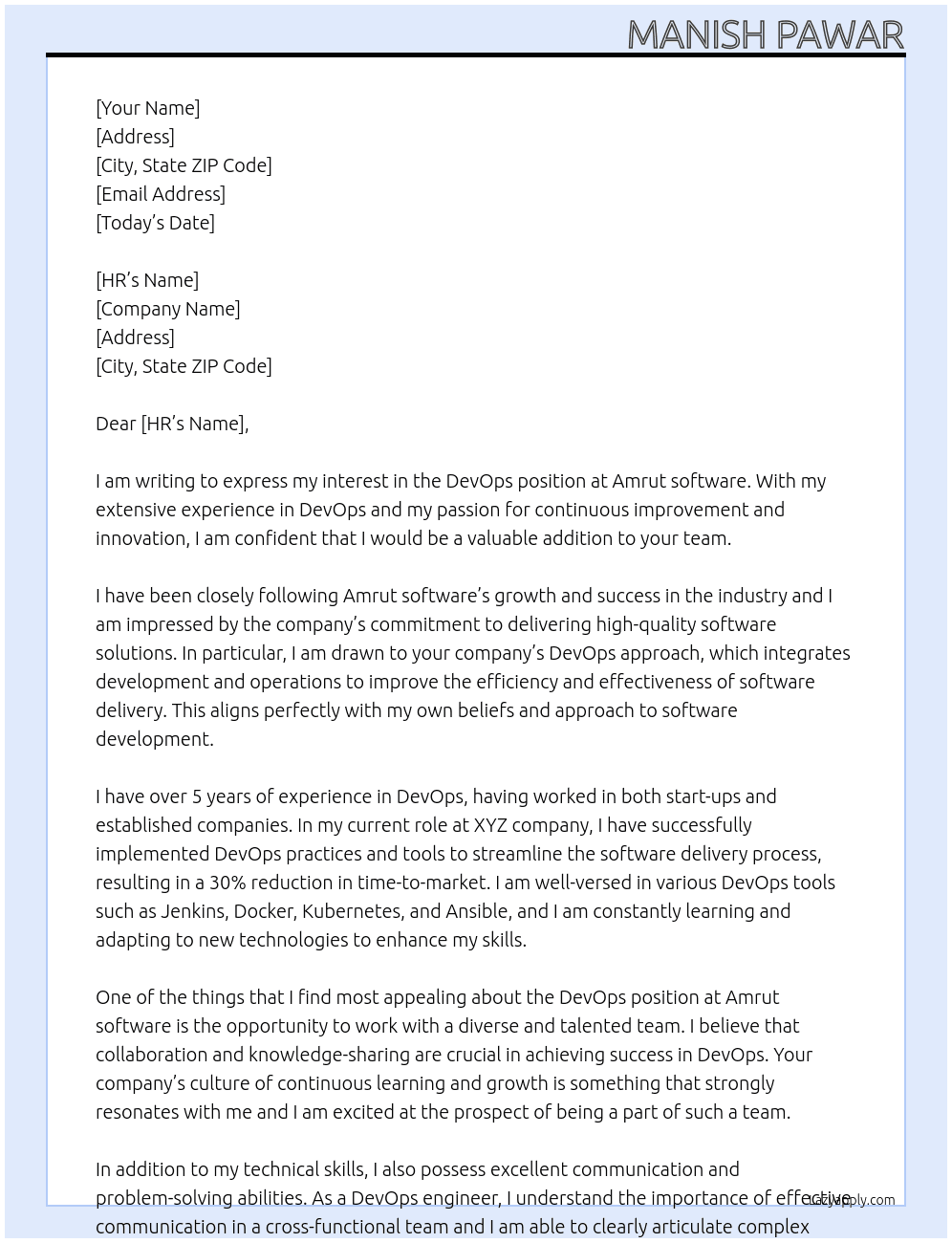 Devops At Amrut software Cover Letter