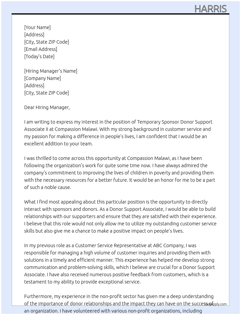 Temporary Sponsor Donor Support Associate II At Compassion Malawi Cover Letter